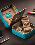 Leather travel jewellery case with zip, turquoise croc