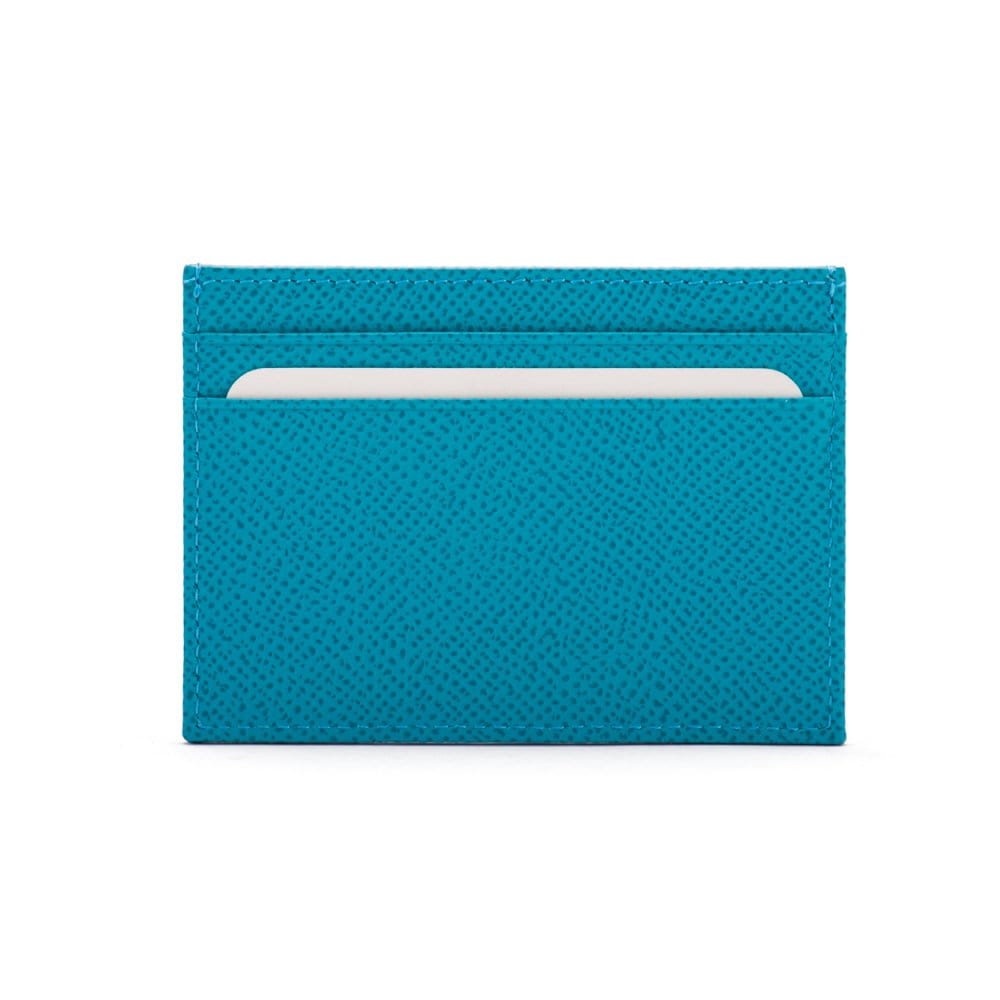 Flat leather credit card wallet 4 CC, turquoise, front