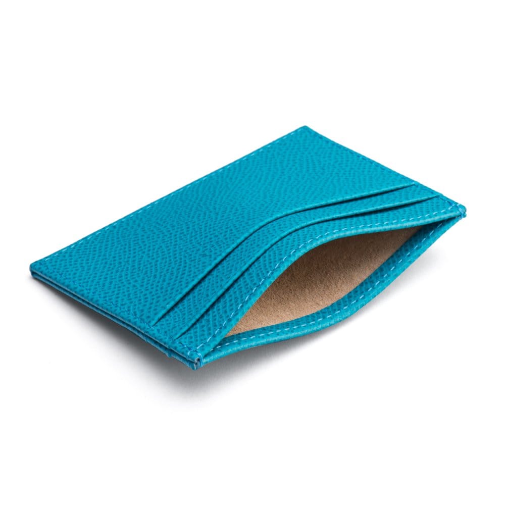 Flat leather credit card wallet 4 CC, turquoise, inside