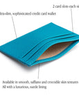 Flat leather credit card wallet 4 CC, turquoise, features