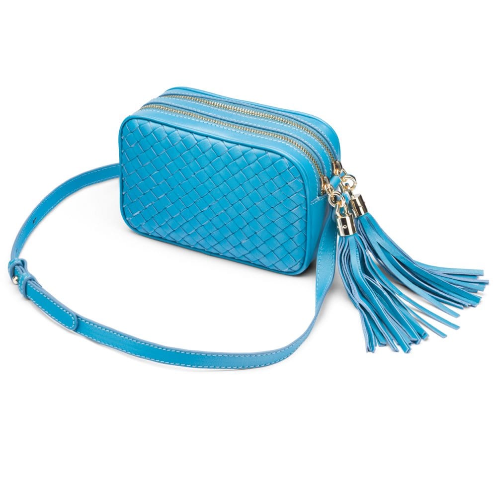 Woven leather camera bag, turquoise, side