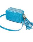 Woven leather camera bag, turquoise, side