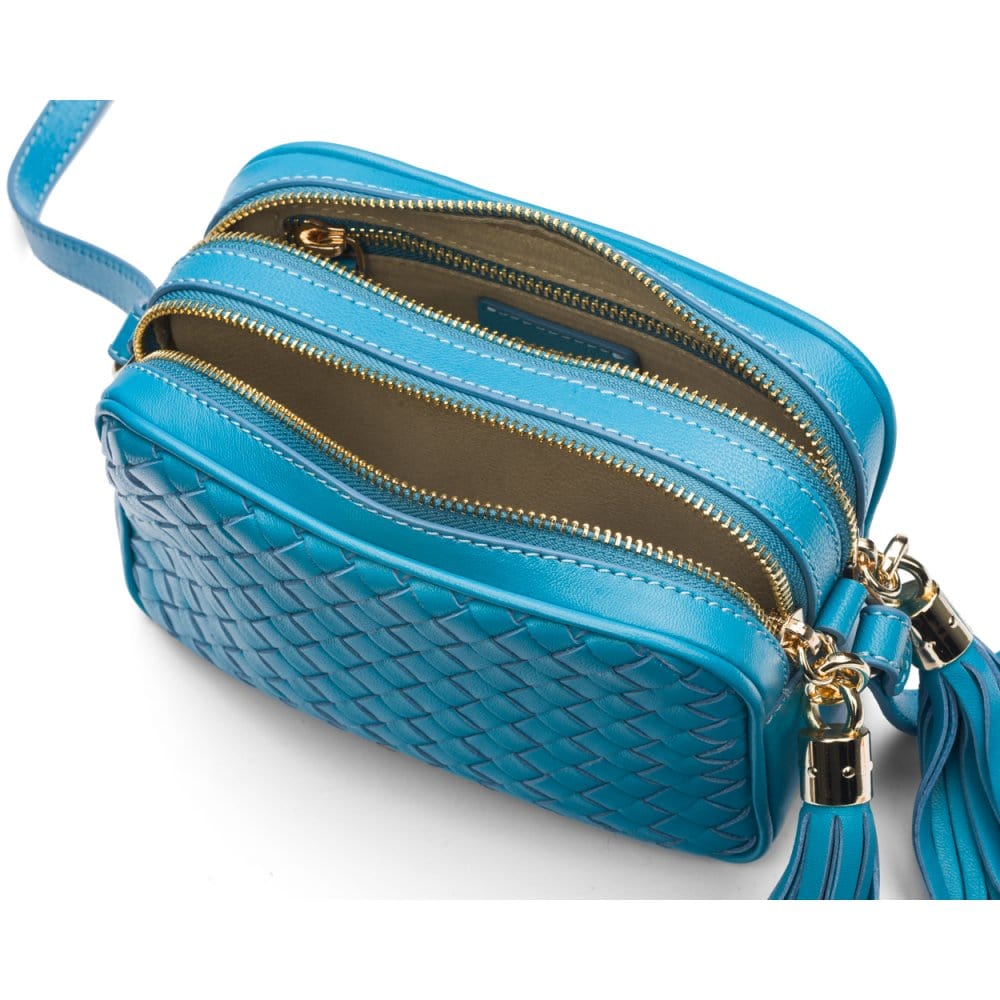Woven leather camera bag, turquoise, inside