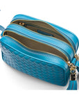 Woven leather camera bag, turquoise, inside