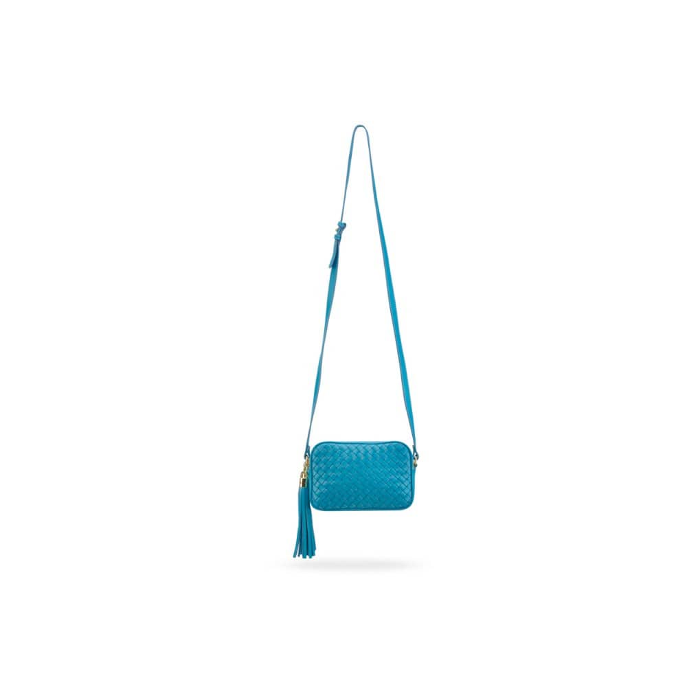 Woven leather camera bag, turquoise, with long shoulder strap