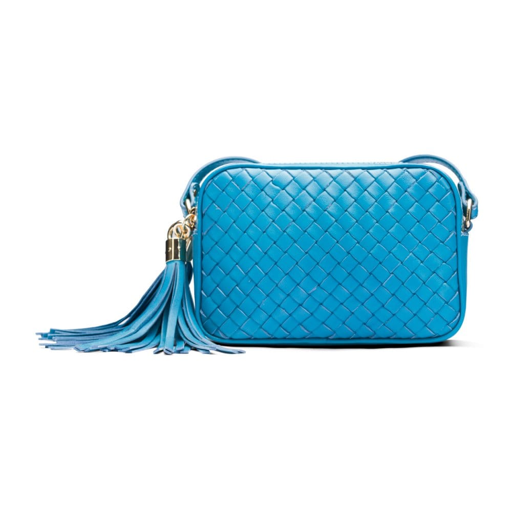 Woven leather camera bag, turquoise, front
