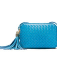 Woven leather camera bag, turquoise, front