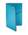 RFID bifold credit card holder, turquoise saffiano, front view