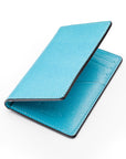 RFID bifold credit card holder, turquoise saffiano, open view