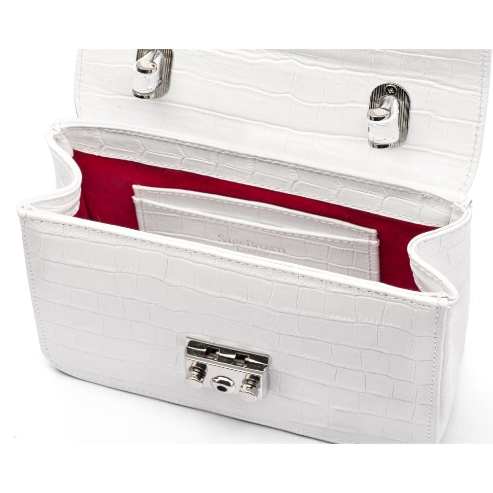 Small leather top handle bag, white croc, inside