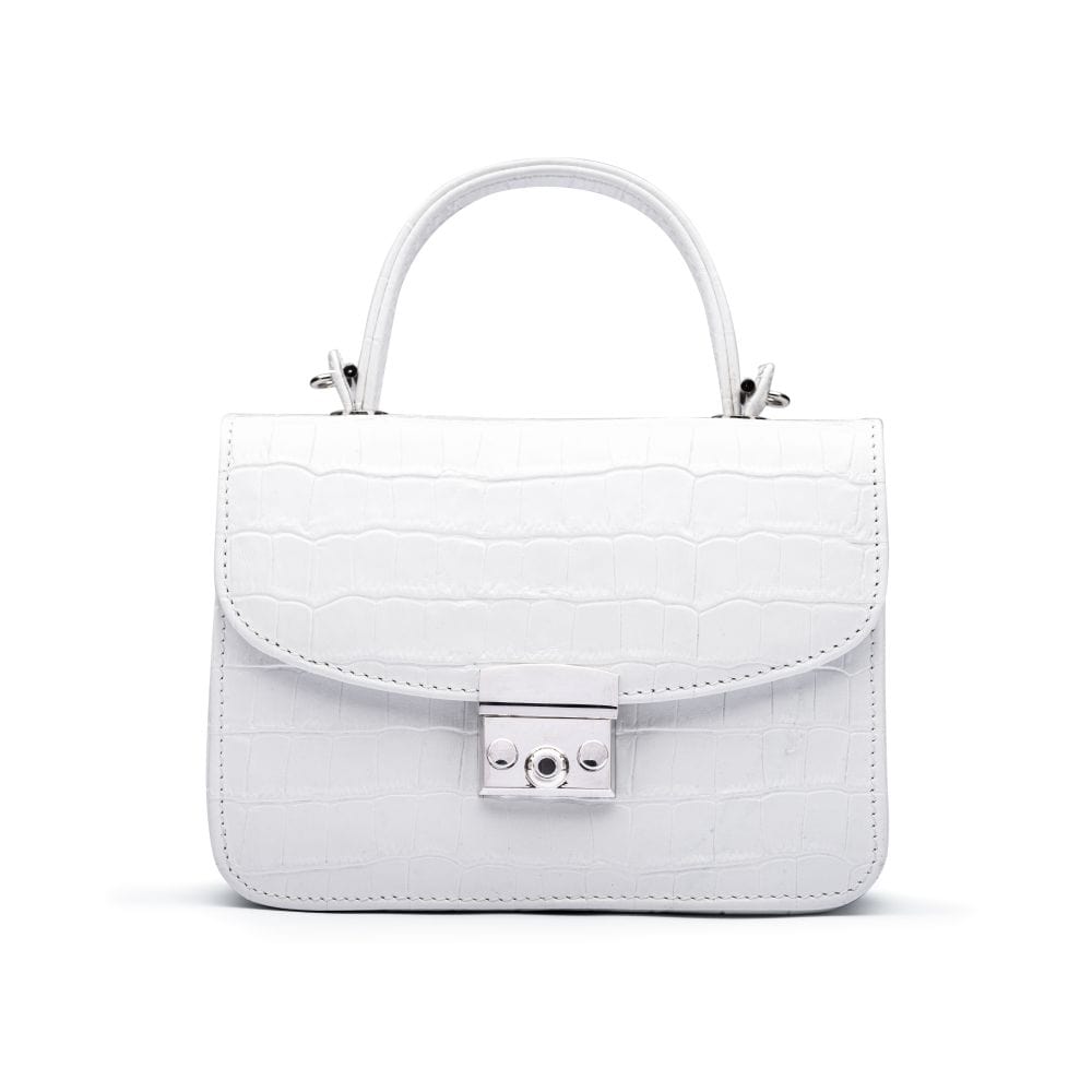 Small leather top handle bag, white croc, front