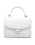 Small leather top handle bag, white croc, front