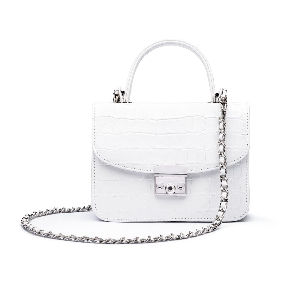 Small leather top handle bag, white croc, chain strap