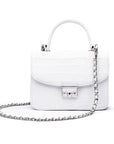 Small leather top handle bag, white croc, chain strap