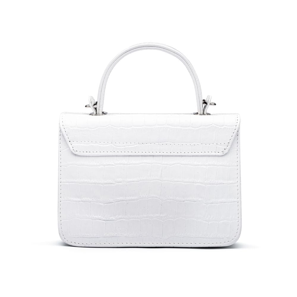Small leather top handle bag, white croc, back