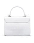 Small leather top handle bag, white croc, back