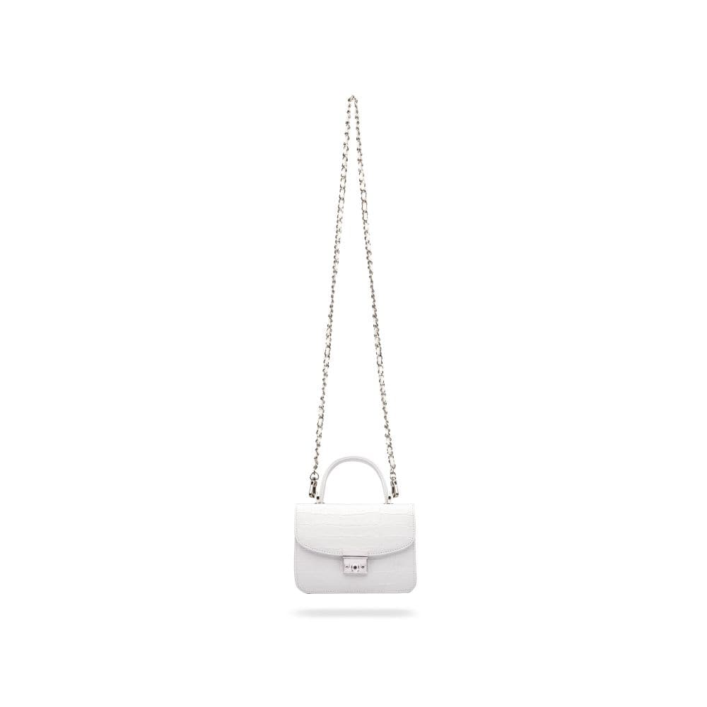 Small leather top handle bag, white croc, with long strap