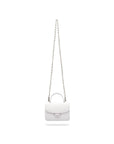 Small leather top handle bag, white croc, with long strap