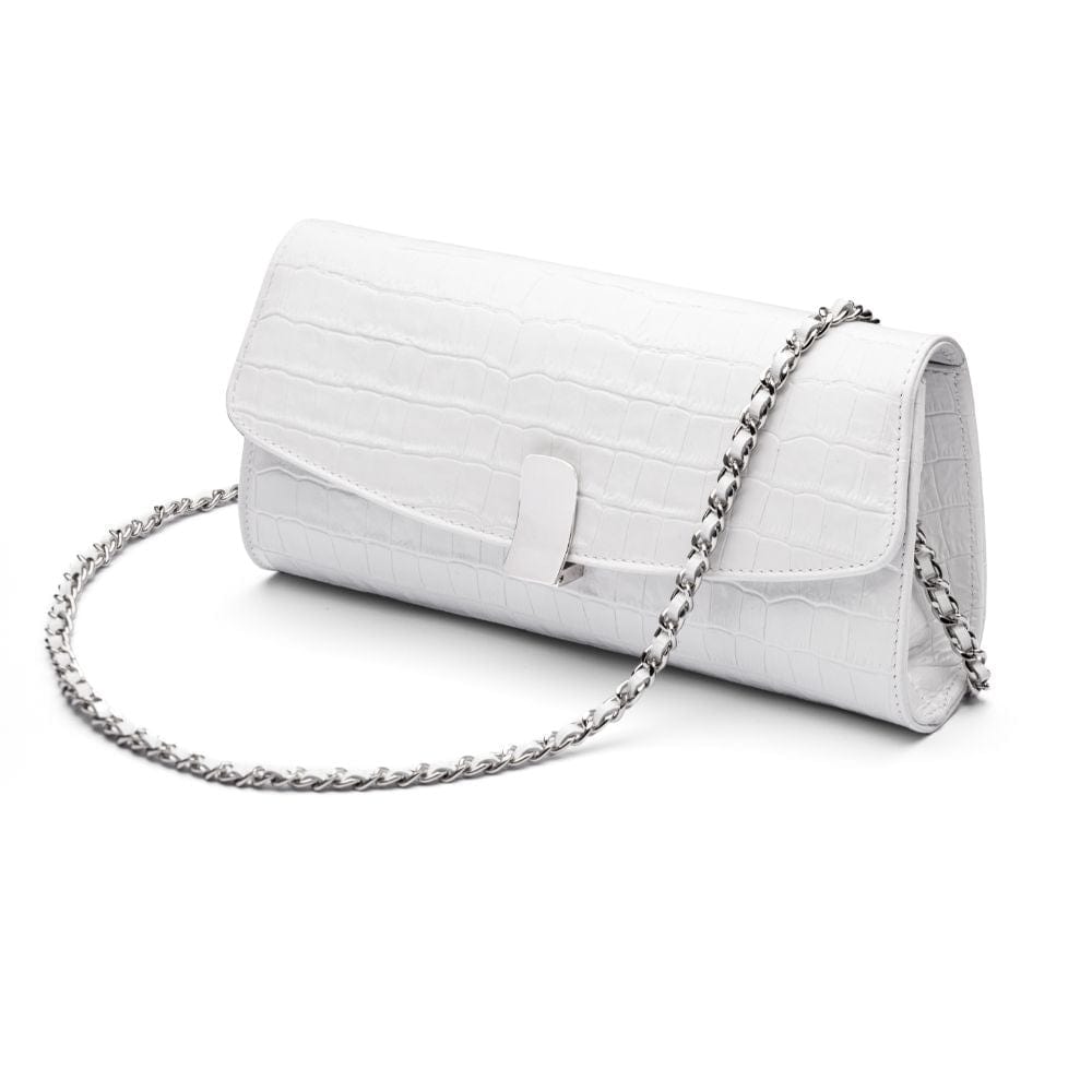 Leather clutch bag, white croc, long chain strap