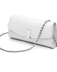 Leather clutch bag, white croc, long chain strap