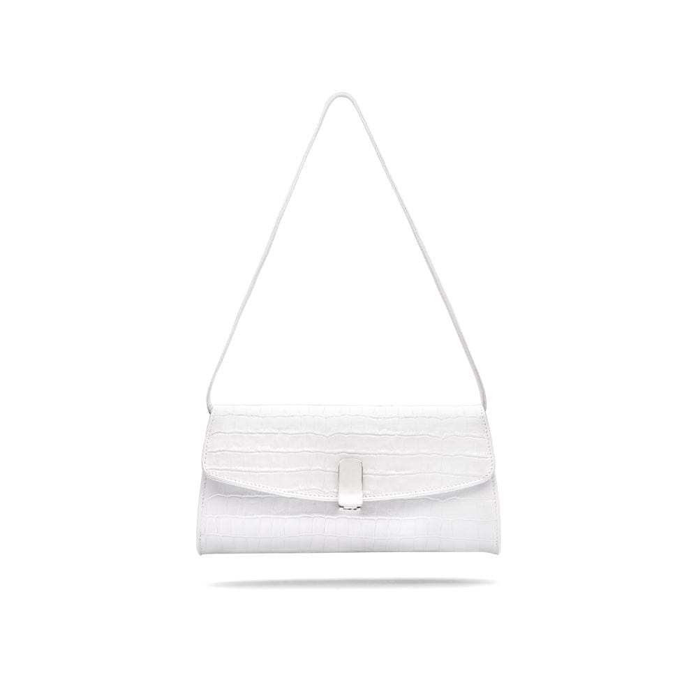 Leather clutch bag, white croc, short strap