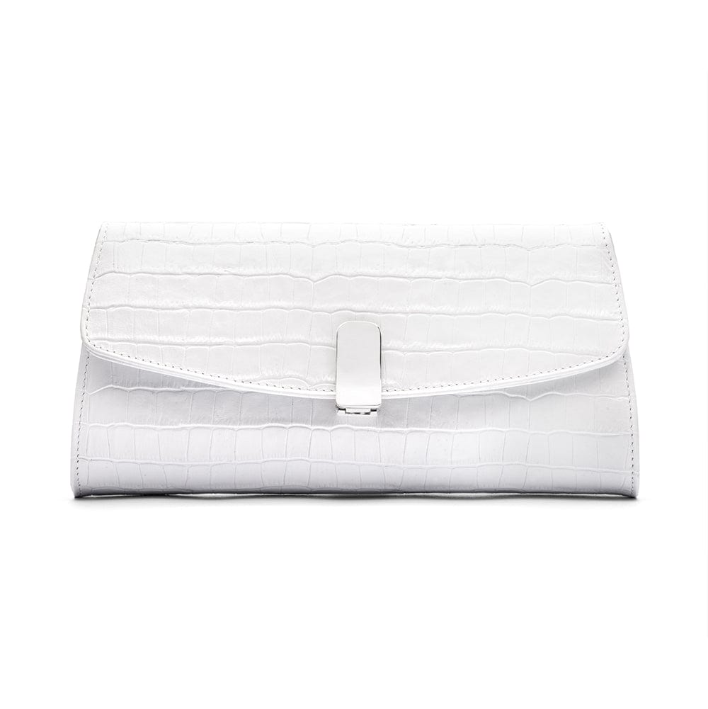 Leather clutch bag, white croc, front view