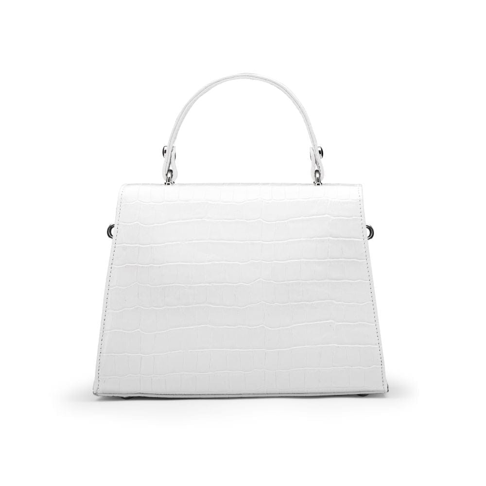 Leather top handle handbag, white croc, back