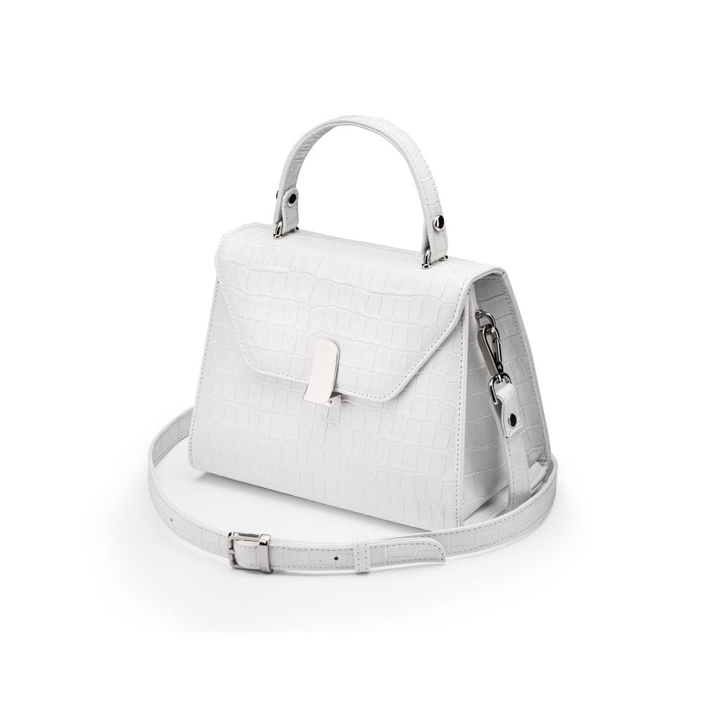 Leather top handle handbag, white croc, side view