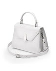 Leather top handle handbag, white croc, side view