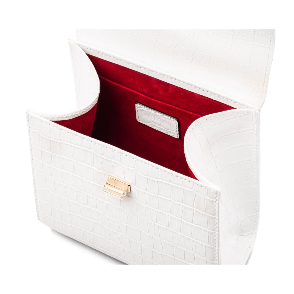 Mini leather Morgan Bag, top handle bag, white croc, inside view
