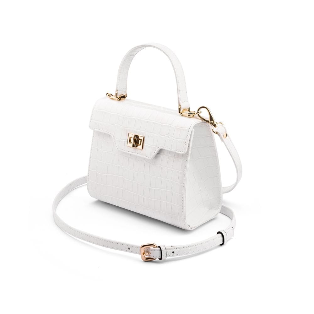 Mini leather Morgan Bag, top handle bag, white croc, side view