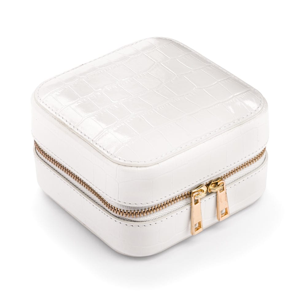 Leather travel jewellery case with zip, white croc, side view