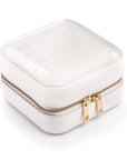 Leather travel jewellery case with zip, white croc, side view