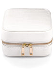 Leather travel jewellery case with zip, white croc, front view