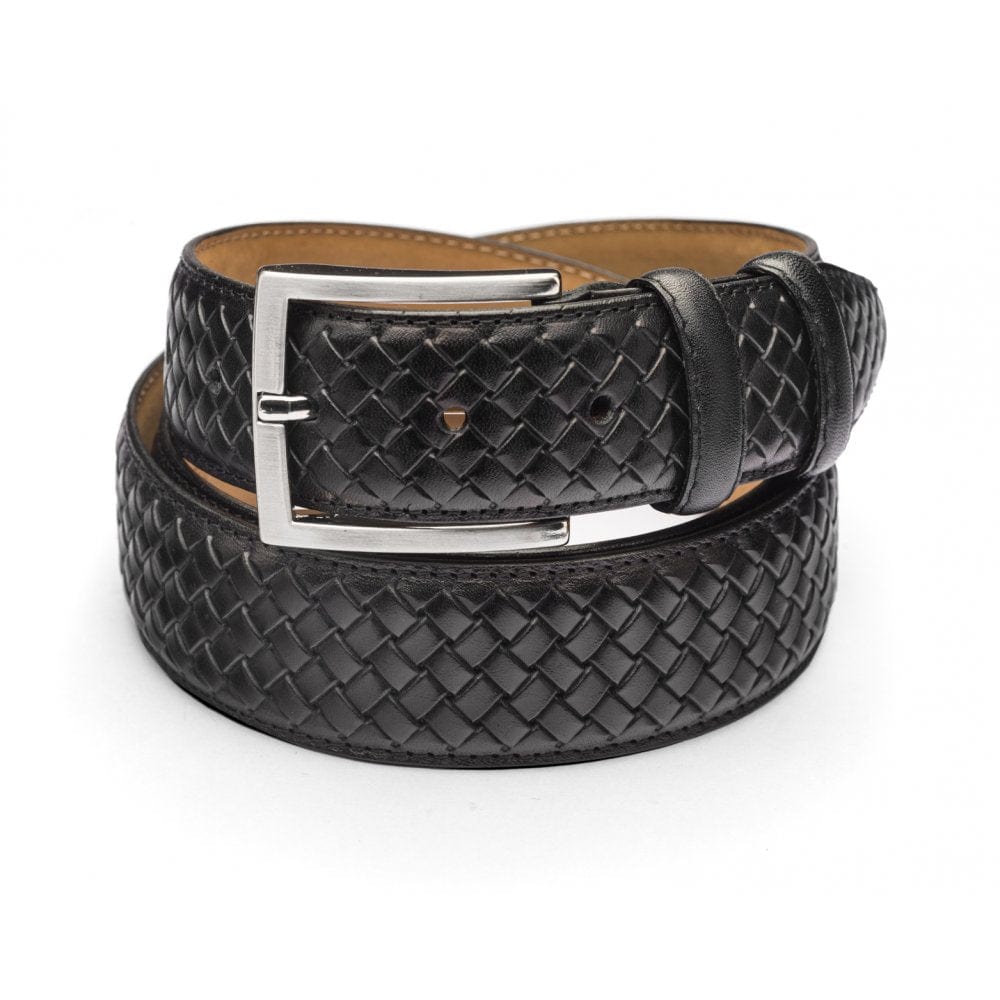 Woven leather belt for men, black, silver buckle