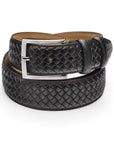 Woven leather belt for men, black, silver buckle