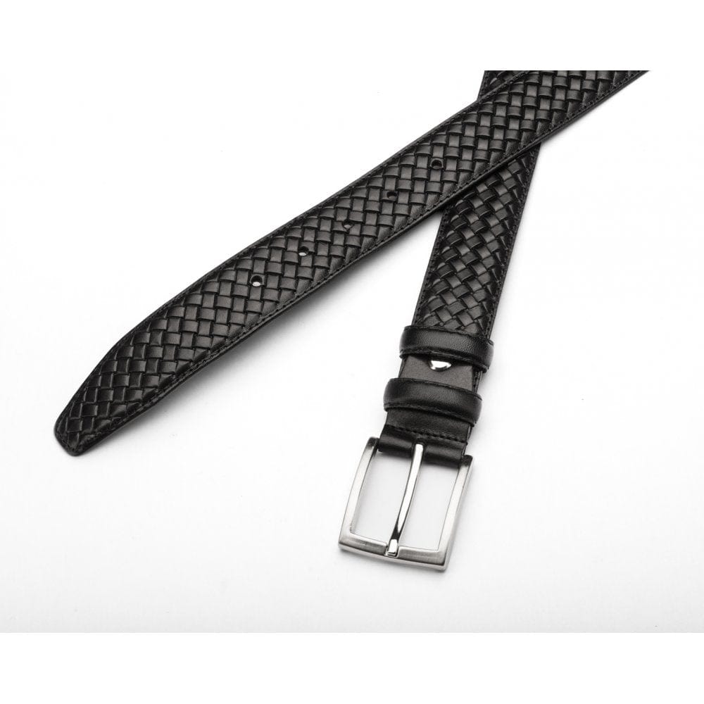 Woven leather belt for men, black, chisel tip