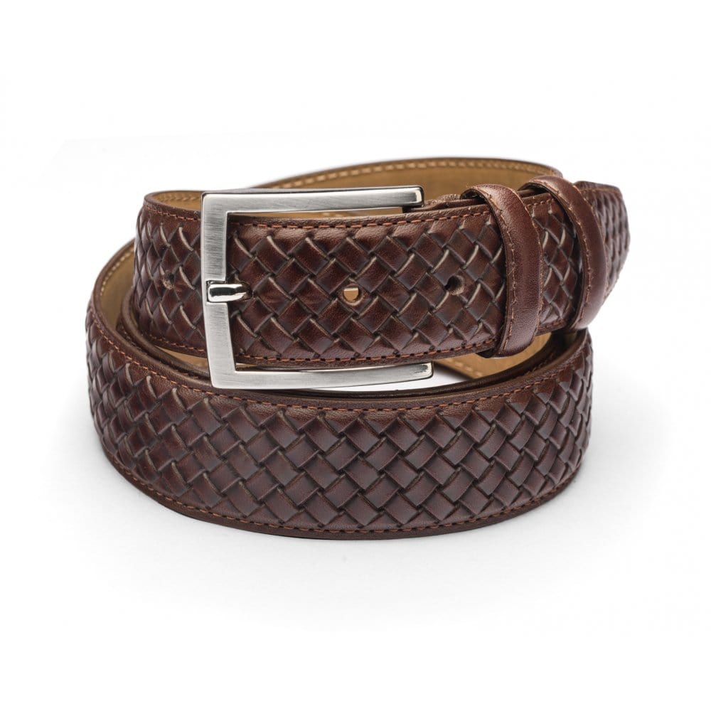 Woven leather belt for men, brown, silver buckle
