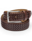 Woven leather belt for men, brown, silver buckle