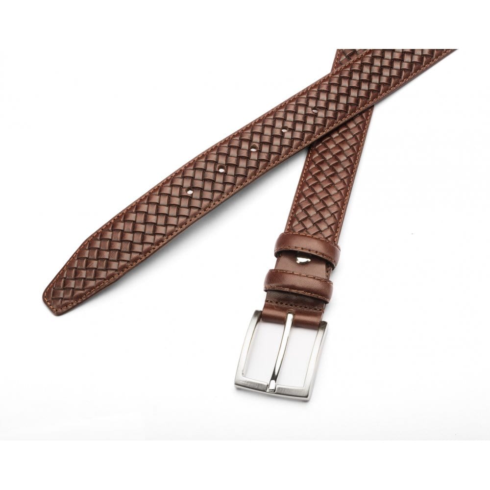 Woven leather belt for men, brown, chisel tip