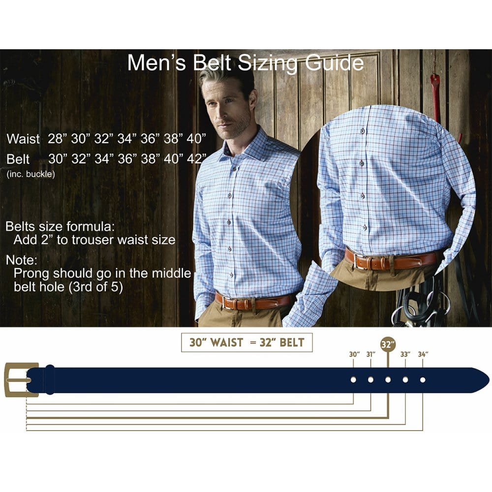 Woven leather belt for men, brown, belt size guide
