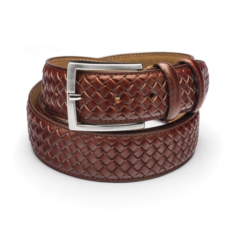 Woven leather belt for men, dark tan, silver buckle