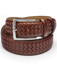 Woven leather belt for men, dark tan, silver buckle