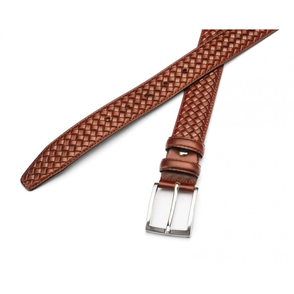Woven leather belt for men, dark tan, chisel tip