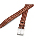 Woven leather belt for men, dark tan, chisel tip