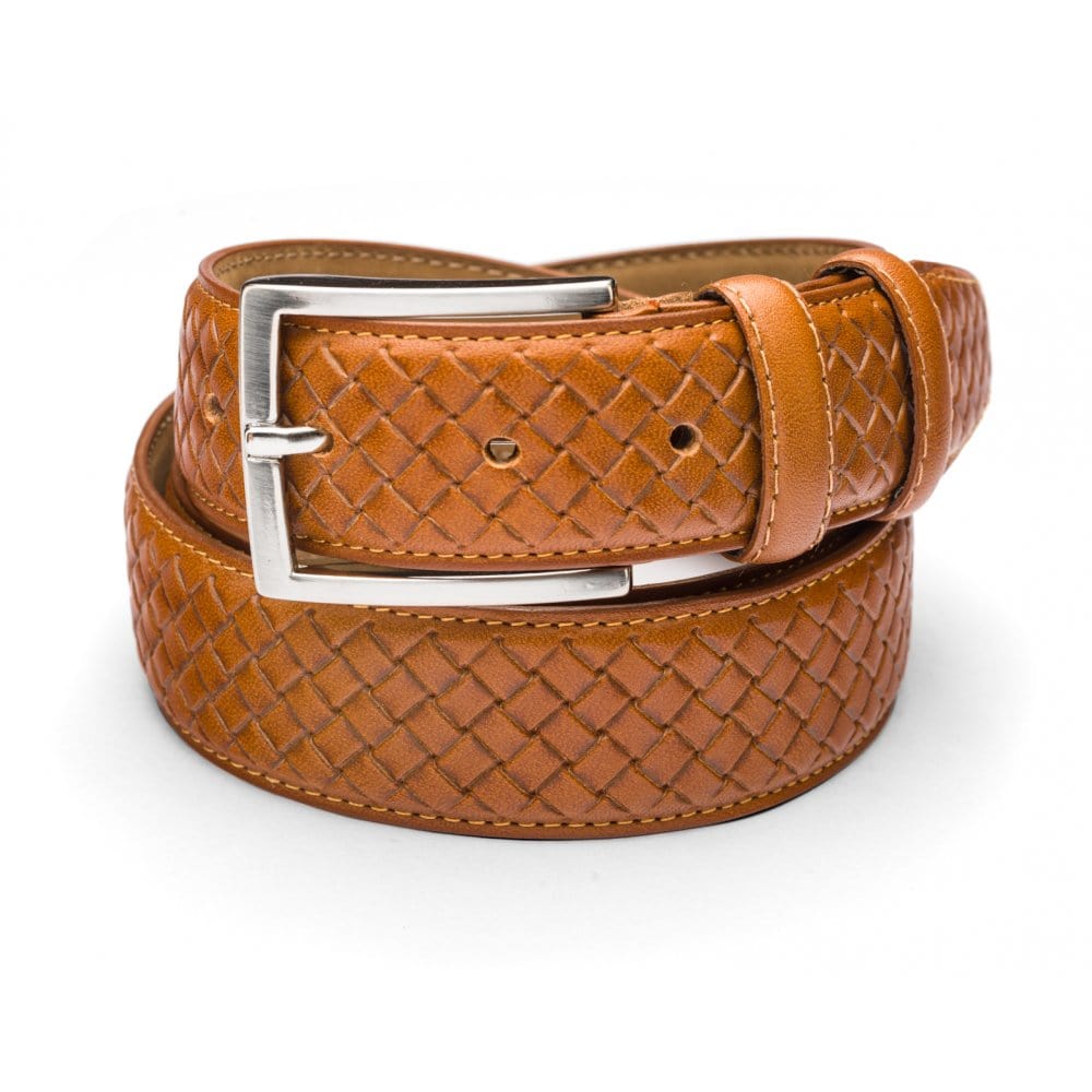 Woven leather belt for men, light tan, silver bucke