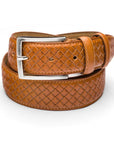 Woven leather belt for men, light tan, silver bucke