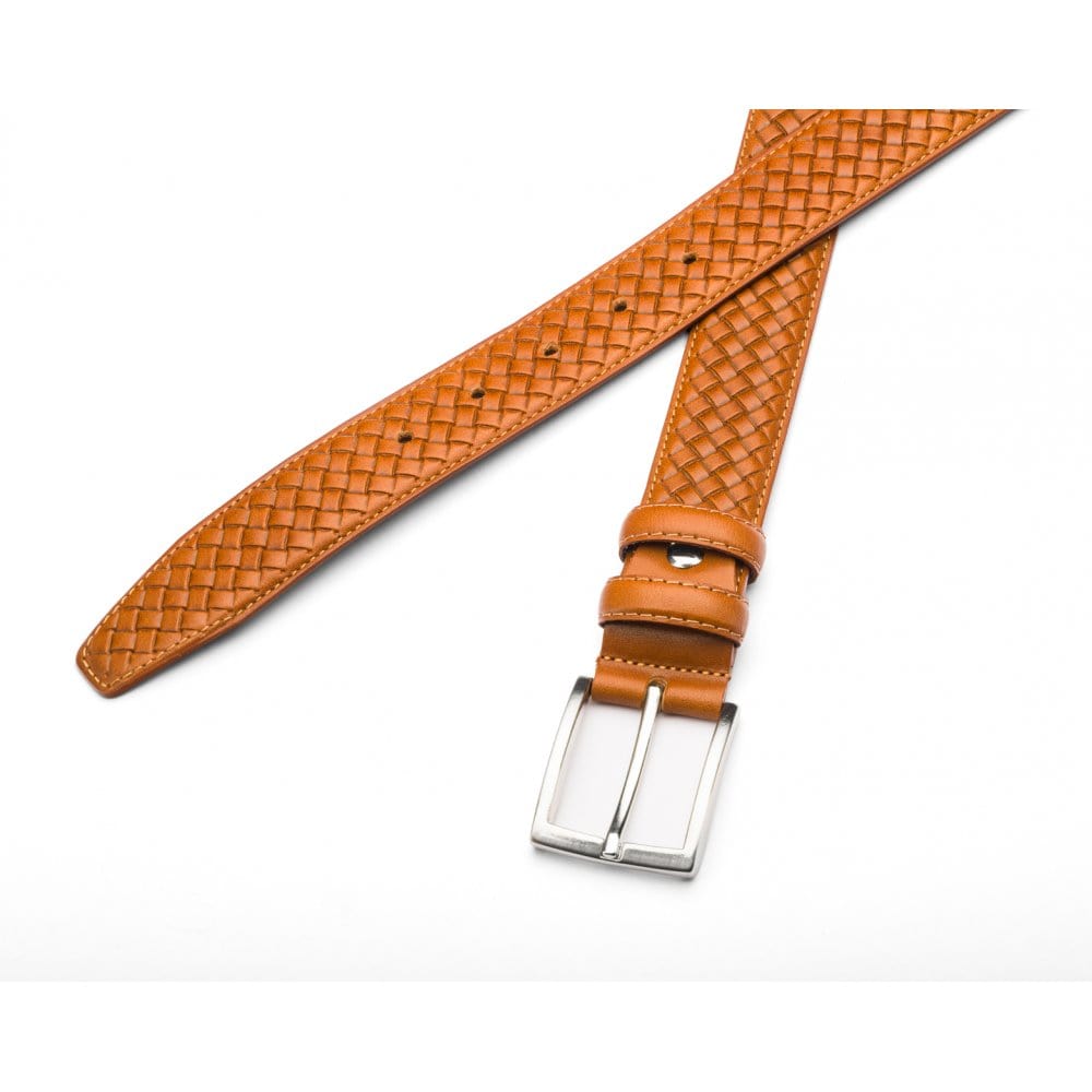 Woven leather belt for men, light tan, chisel tip