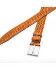 Woven leather belt for men, light tan, chisel tip