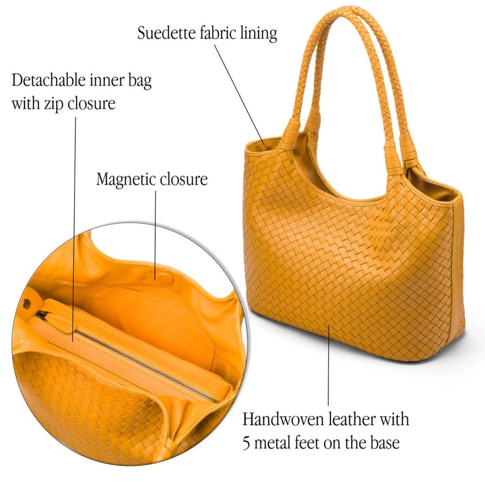 Woven leather shoulder bag, yellow, features